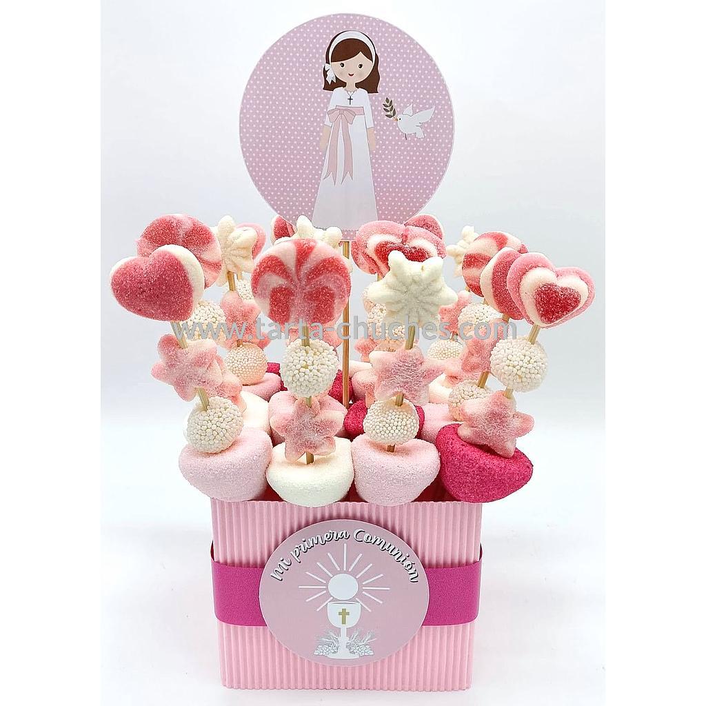 Centro 16 Mini Brochetas Chuches Comunion Ni a Rosa Lunares