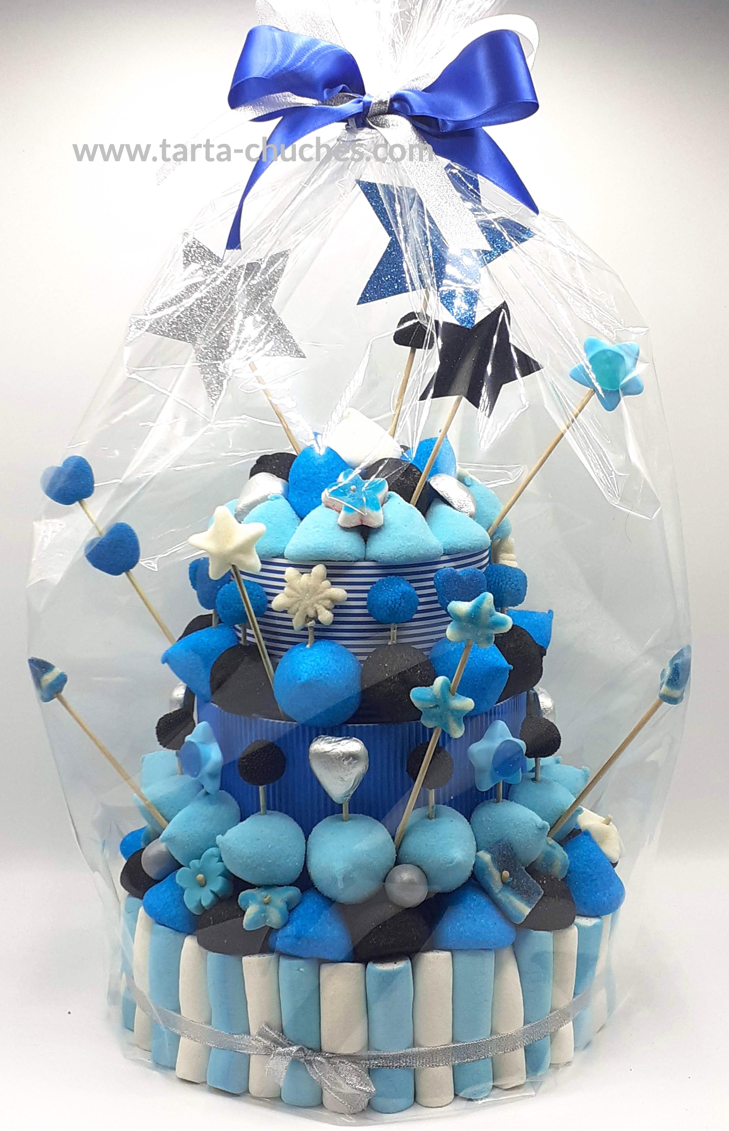 TARTA CHUCHES GRANDE ESTRELLAS AZUL-NEGRO-PLATA (copia)