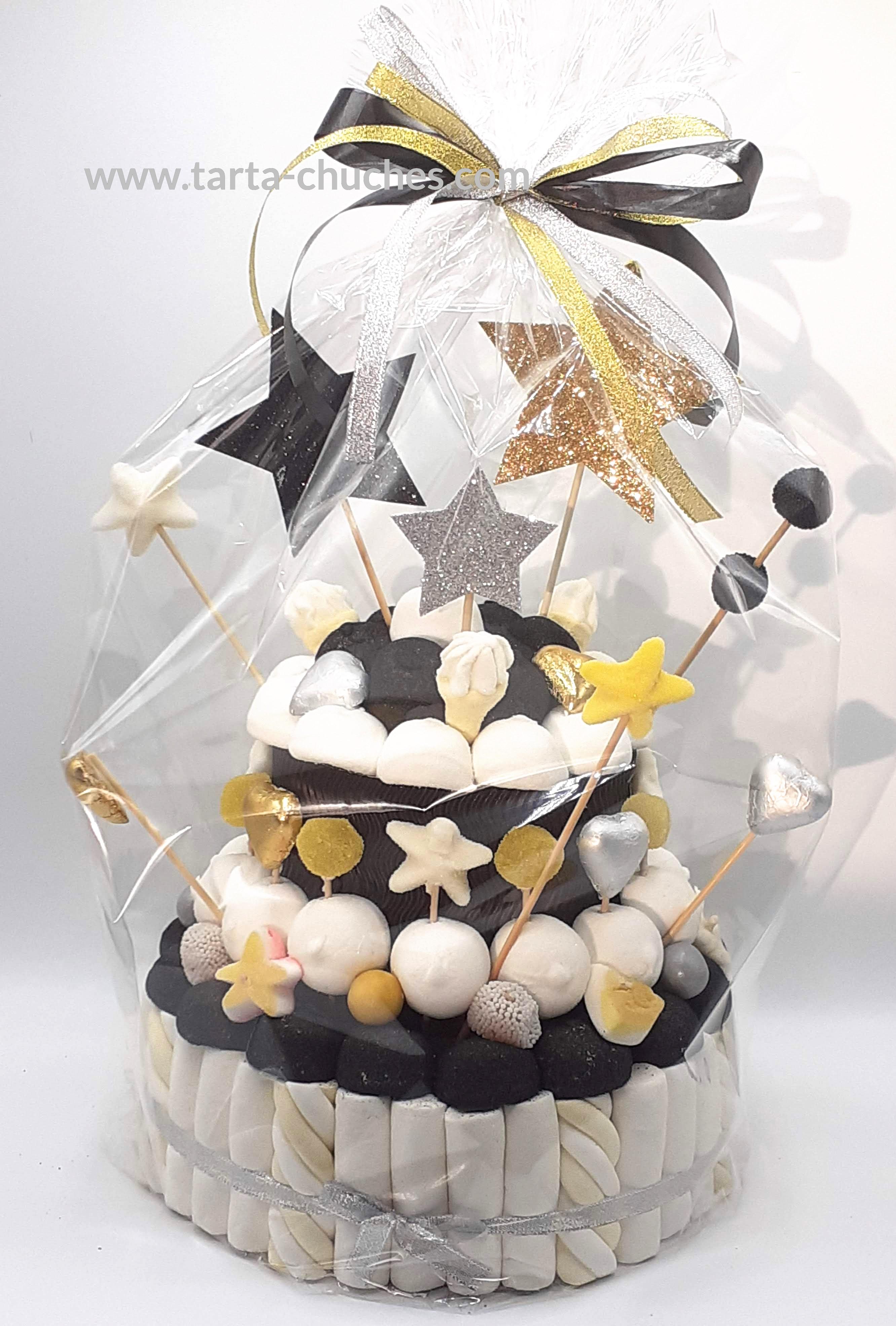 TARTA CHUCHES MEDIANA ESTRELLAS ORO-NEGRO-PLATA (copia)