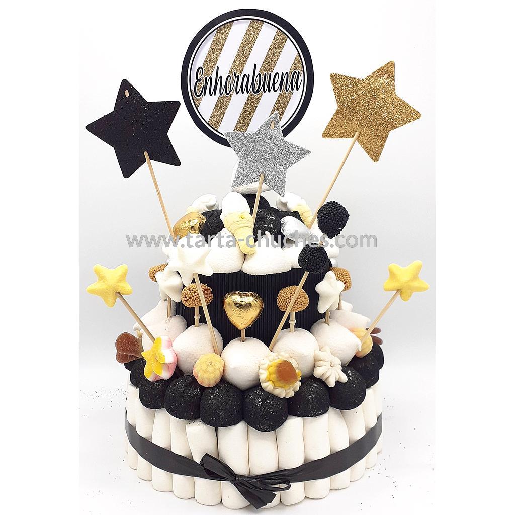 Tarta Chuches Mediana Estrellas Blanco-Negro-Dorado (6 opciones)