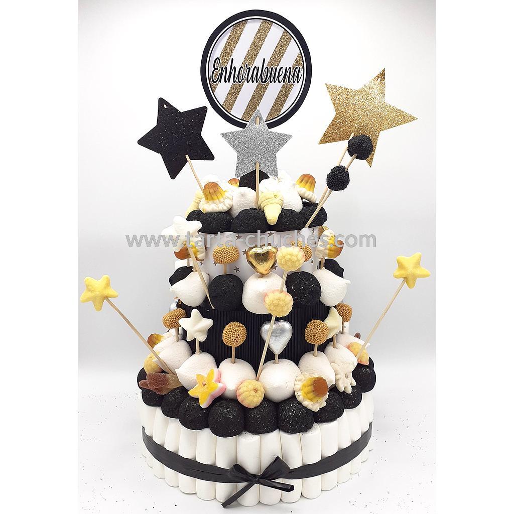 Tarta Chuches Grande Estrellas Blanco-Negro-Dorado (6 opciones)