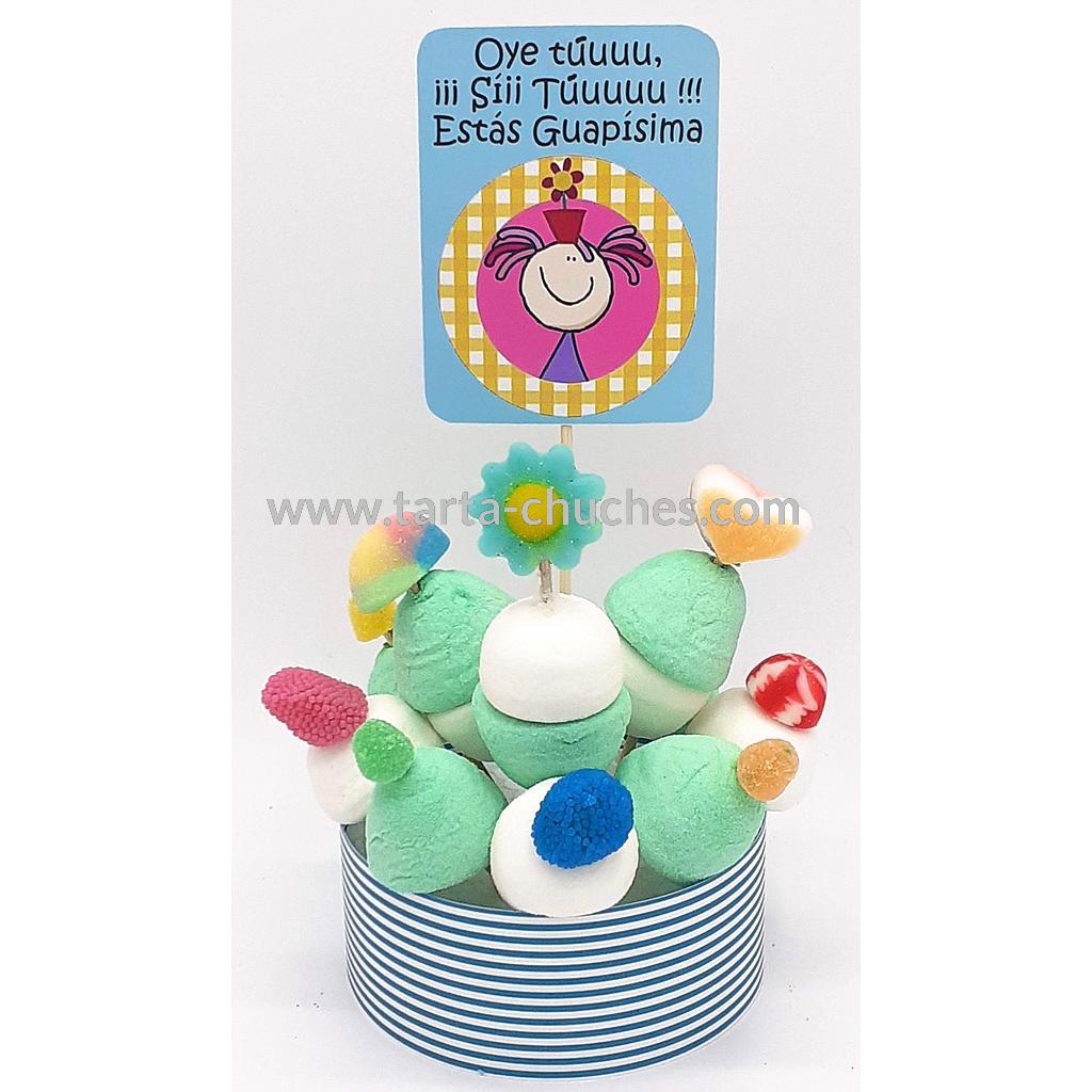 Tarta Chuches Mini Alta &quot;Oye tu. Si tu. Estas guapisima&quot; Verde-Azul
