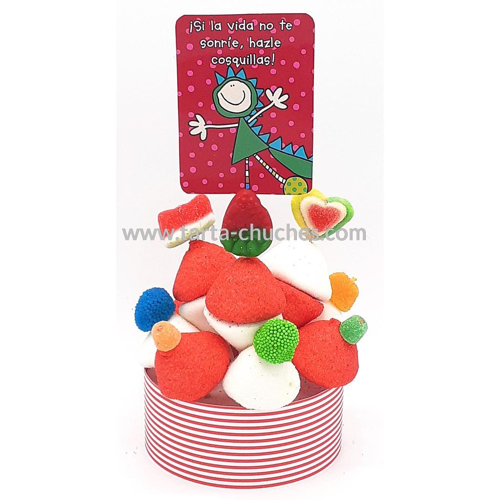 Tarta Chuches Mini Alta &quot;Si la vida no te sonrie, hazle cosquillas&quot; Rojo-Fucsia