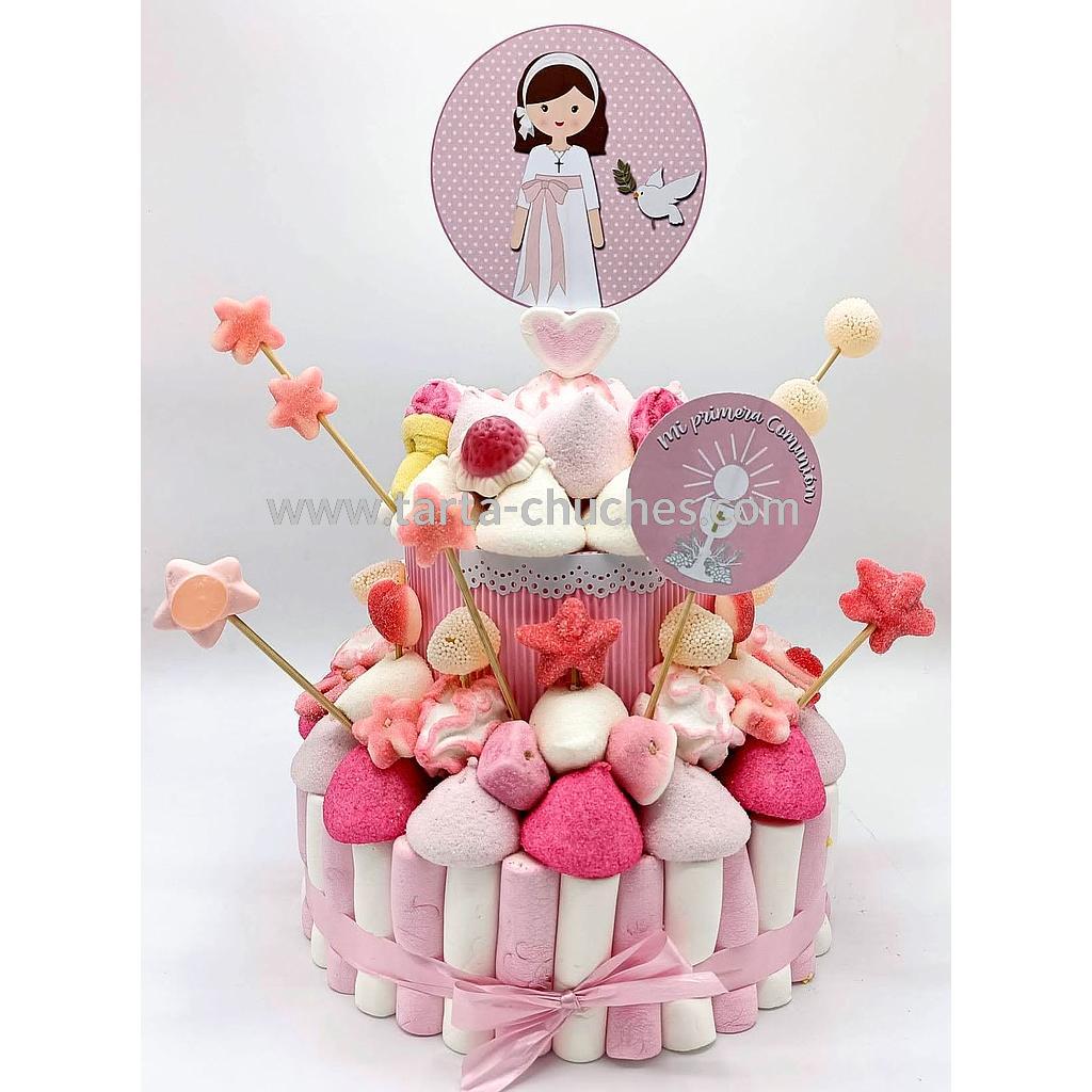 Tarta Chuches Mediana Comunion Niña Rosa Lunares