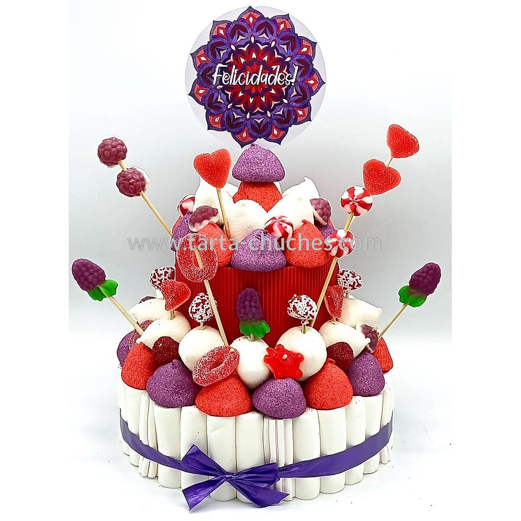 Tarta Chuches Mediana Mandala &quot;Felicidades&quot; Morado-Rojo