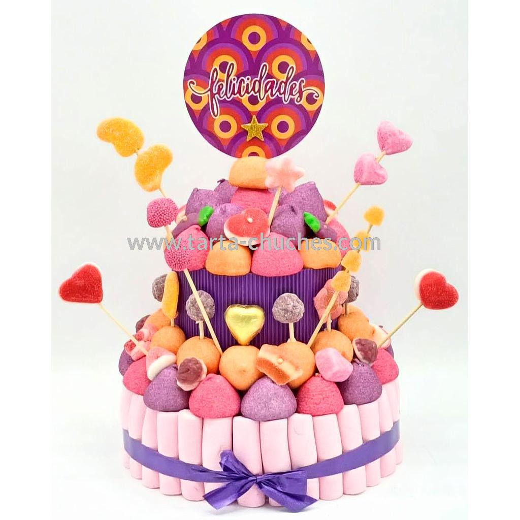 Tarta Chuches Mediana &quot;Felicidades&quot; Morado-Naranja
