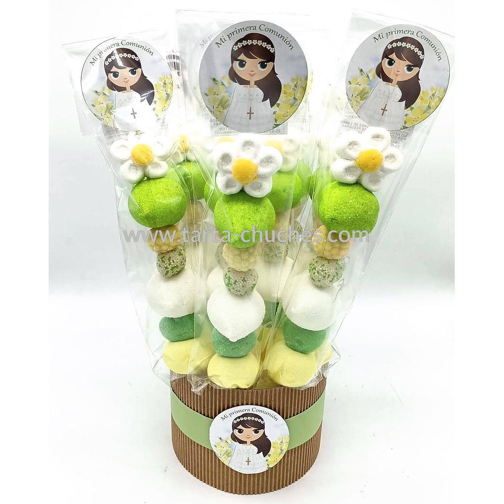 Cubo 20 Brochetas Chuches Comunion Niña Rustica Amarillo-Verde