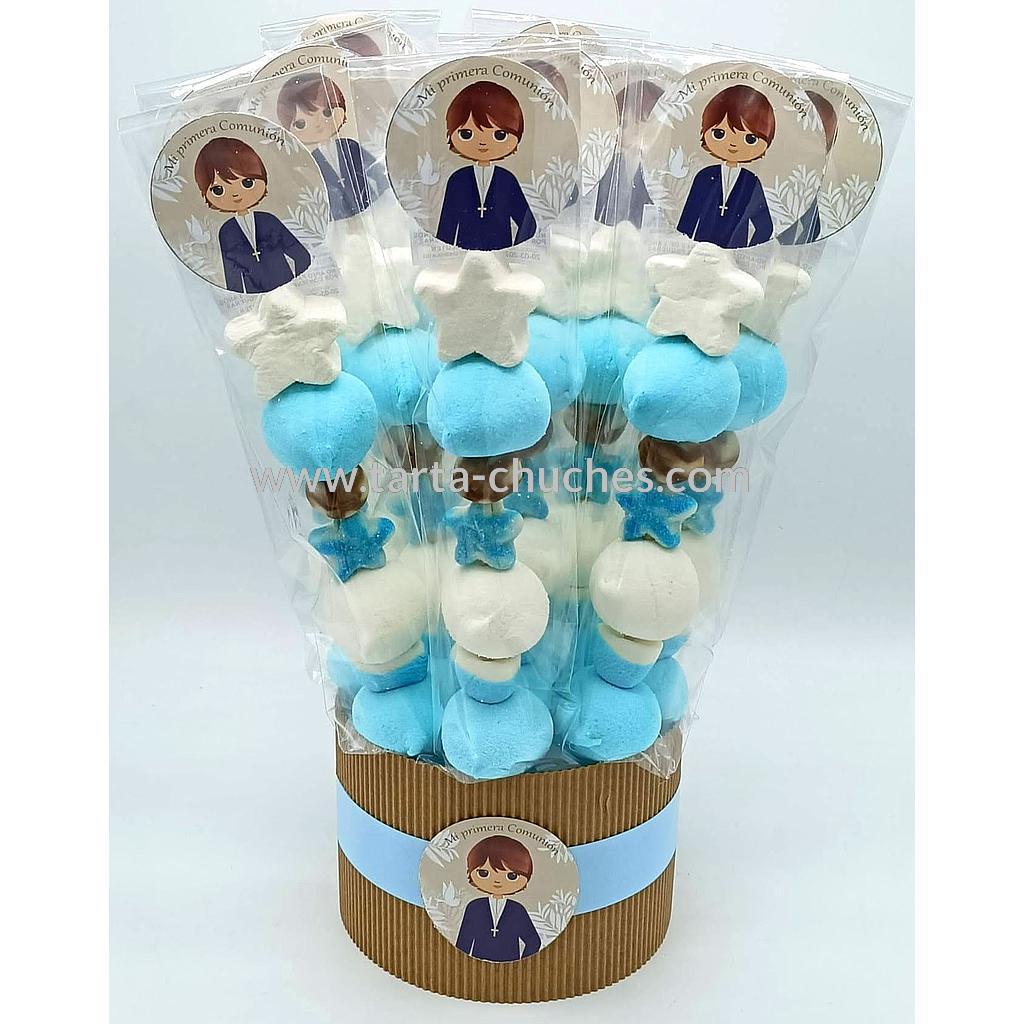 Cubo 12 Brochetas Chuches Comunion Niño Rustica Azul-Beis