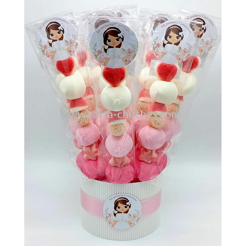 Cubo 12 Brochetas Chuches Comunion Niña Lazo Flores
